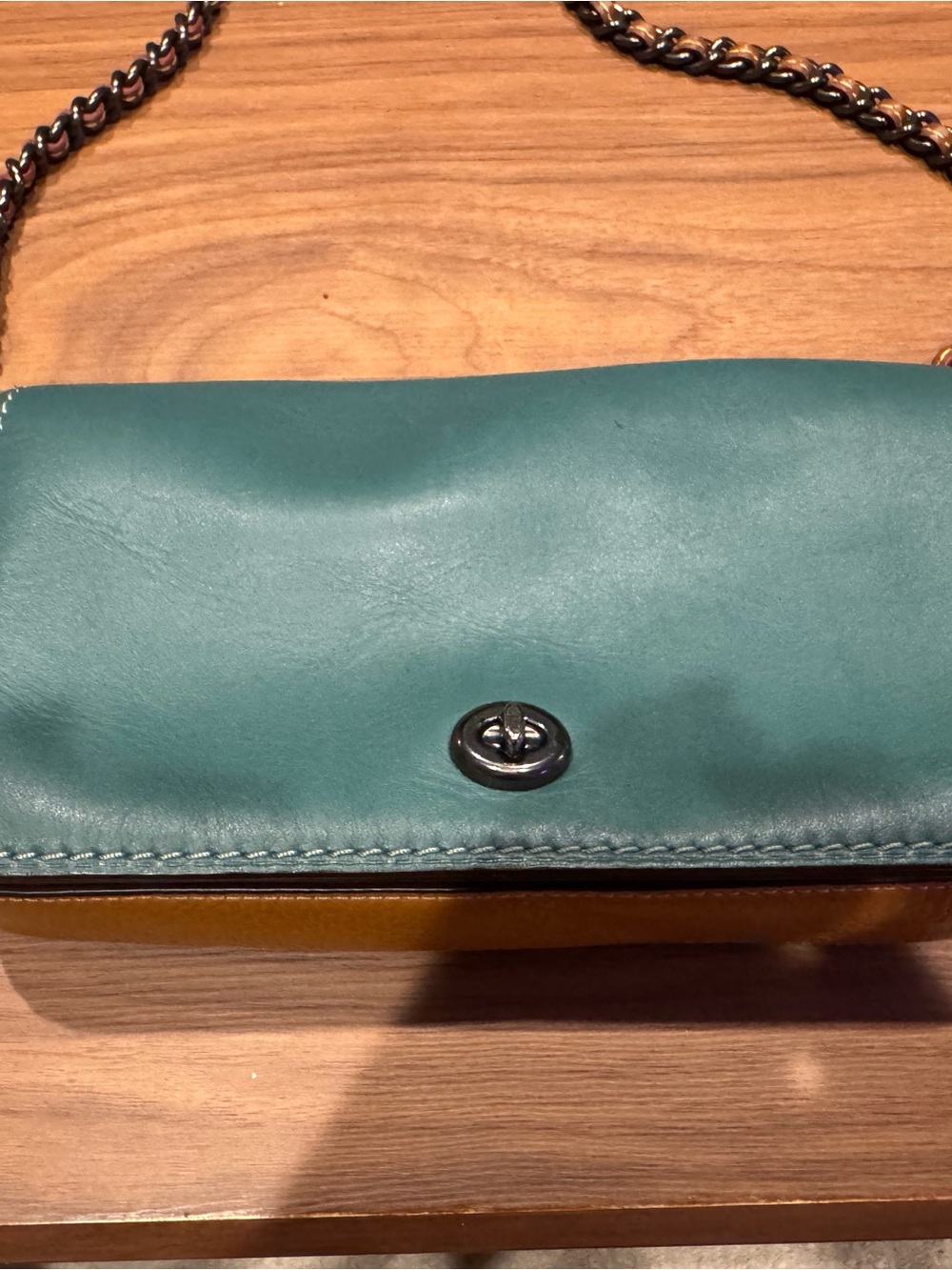 Coach GENUINE LEATHER Green & Tan Leather Crossbody Bag with Turnlock Closure